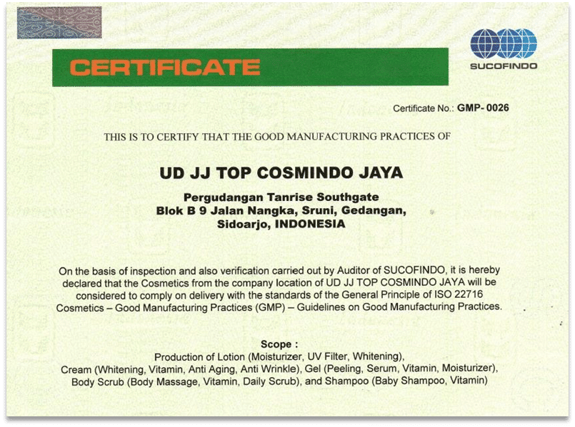 Sertifikat GOOD MANUFACTURING PRACTICE JJ-TOP