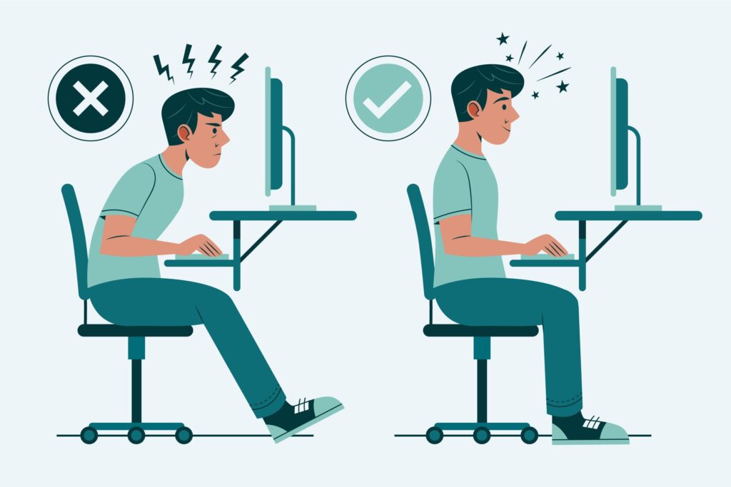 Illustration of correct and incorrect sitting positions while working in front of a computer to support body recovery for office workers. An ergonomic sitting posture helps reduce back pain, neck tension, and fatigue caused by sitting in front of a screen for long periods.